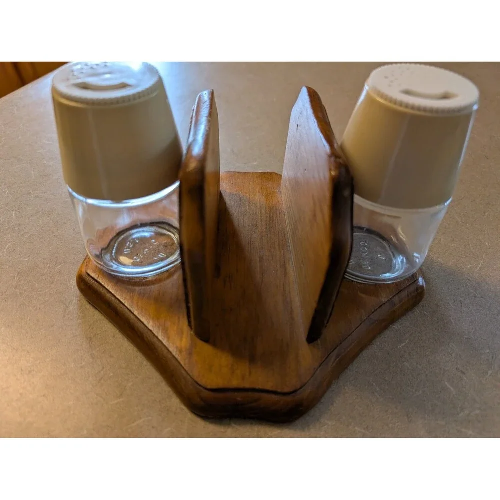 Vintage Wood Napkin Holder with Gemco Salt & Pepper Shakers MCM Cottagecore